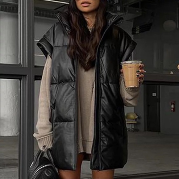 Kimberly Puffer Vest, Quilted Cap Sleeve Collar Faux Leather Long Vest - Picture 2 of 9